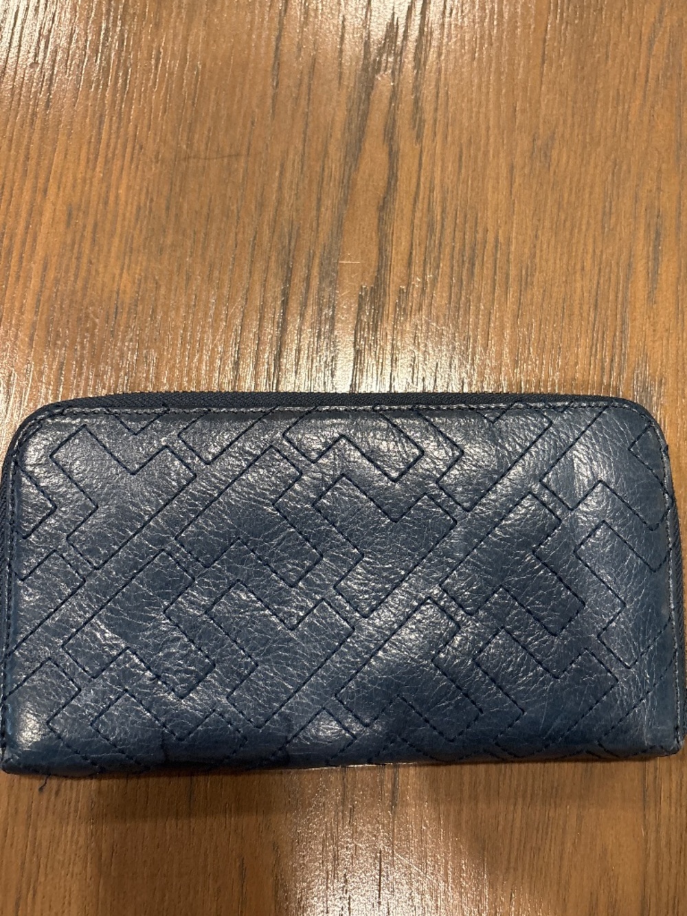 Tory Burch Navy Leather “T” Print Zippered Wallet